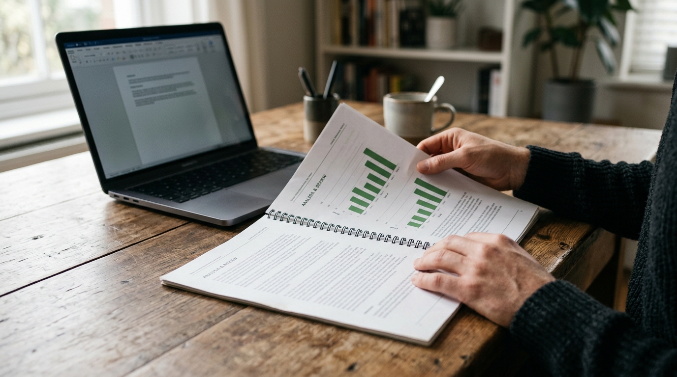 A printed AI visibility audit report with green charts on a desk
