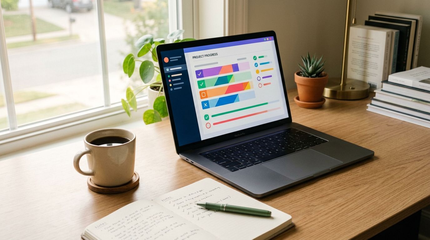 A desk with an SEO plan checklist and a laptop