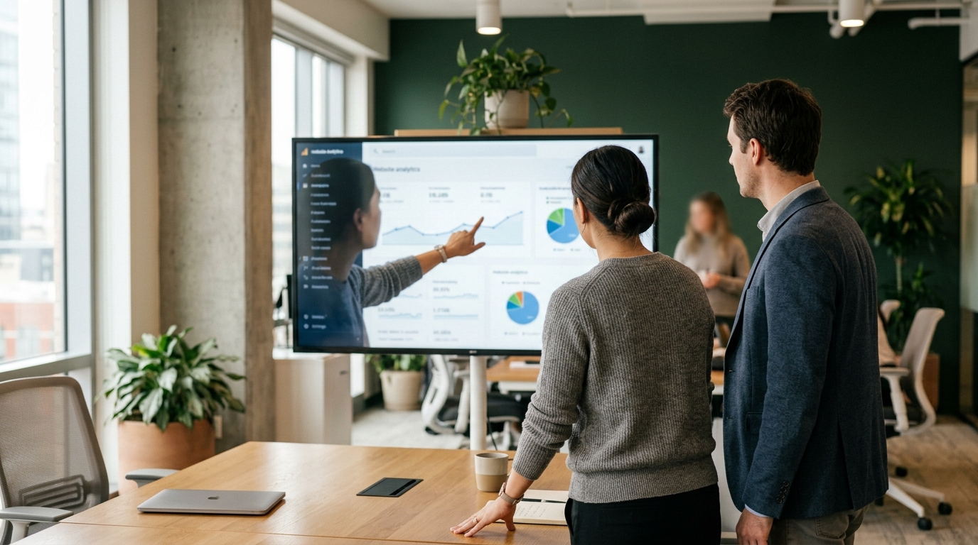 Two colleagues reviewing organic traffic results on a monitor
